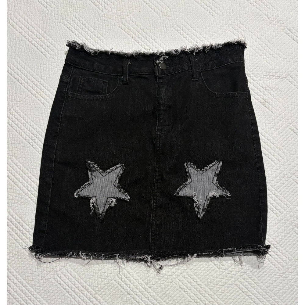 Black Denim Women's Mini Skirt Raw Hem Star Patches Sz L Whimsygoth Y2K Distress